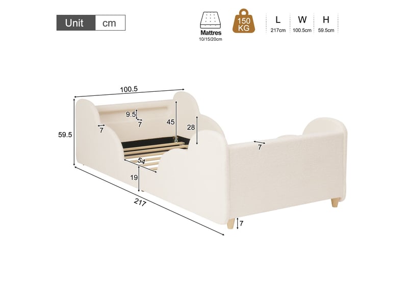  Lit simple 90 x 200 cm cadre de lit rembourré beige barrière de protection éclairage nocturne prise de charge usb compartiments de rangement pieds en bois massif revêtement bouclé beige  - Conforama C