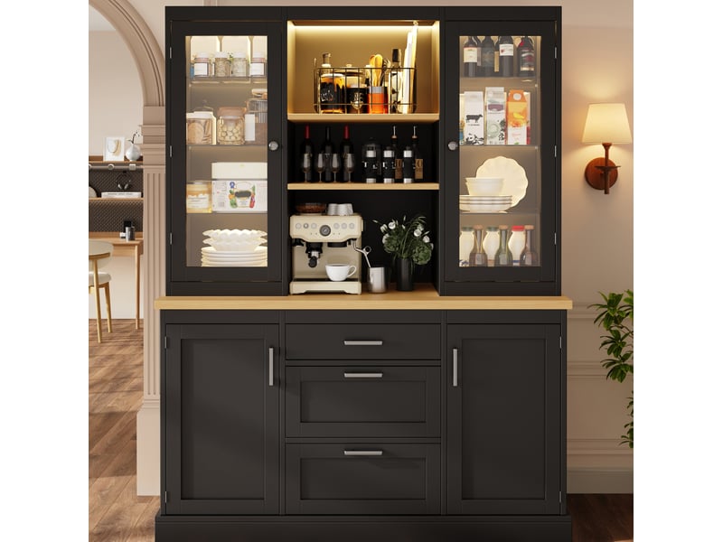 Buffet de cuisine avec 4 portes, 3 tiroirs, étagères réglables et led pour cuisine en mdf noir 140 × 40 × 185 cm - Conforama D