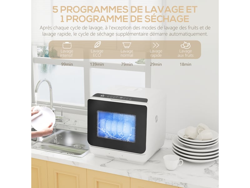  Mini lave-vaisselle compact 4 couverts, lave-vaisselle de table, 6 programmes, commandes tactiles, blanc, réservoir 6 l  - Conforama E