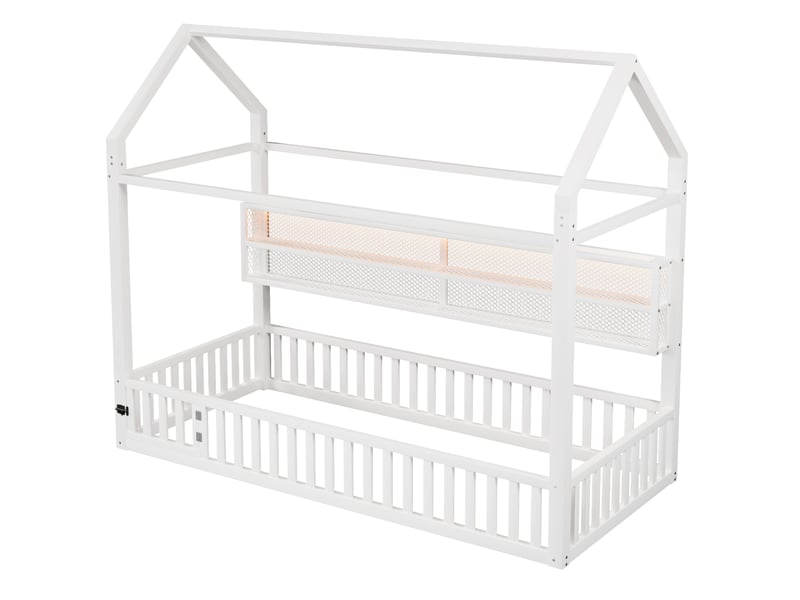  Lit cabane enfant 90x200cm avec barrière et lumières led, métal, blanc  - Conforama A