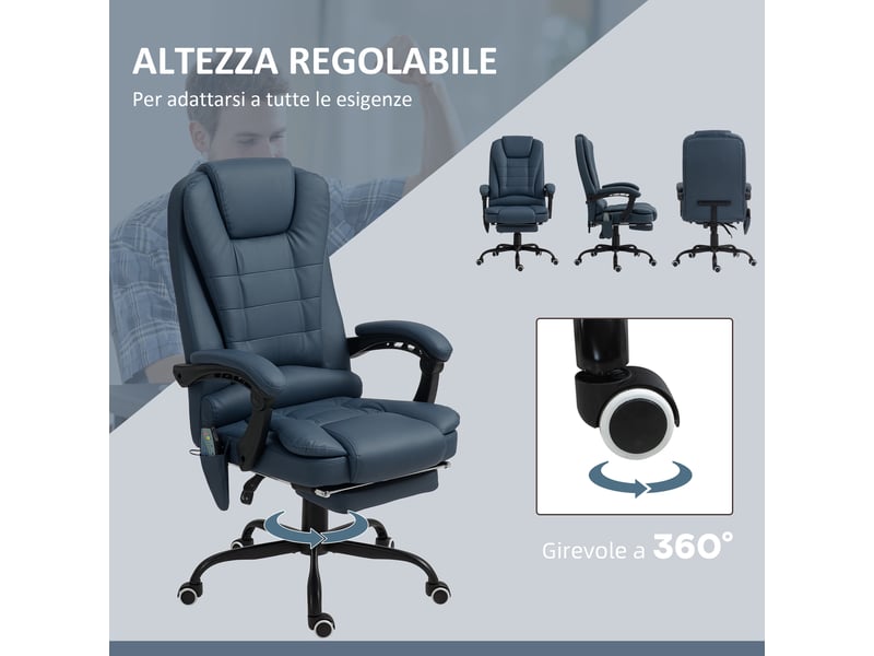  Chaise de bureau massante en cuir pu bleu avec repose-pieds rétractable, dossier inclinable  - Conforama W