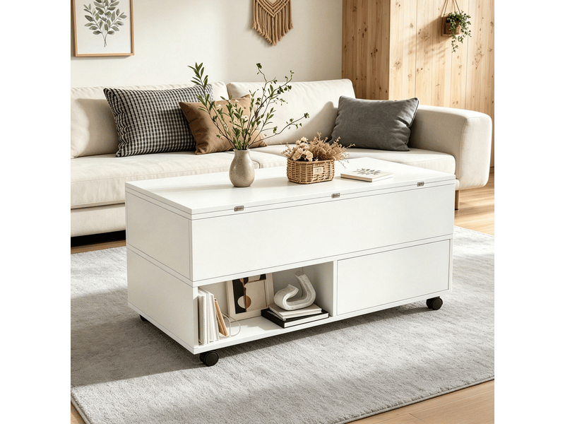  Table basse relevable blanche 100x50x52cm, table basse multifonction 3 en 1 avec 4 tiroirs et roulettes, transformable  - Conforama D