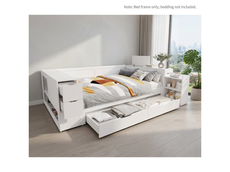  Gutenacht lit coffre 140x190 cm blanc avec tiroirs, étagères et rangement  - Conforama B