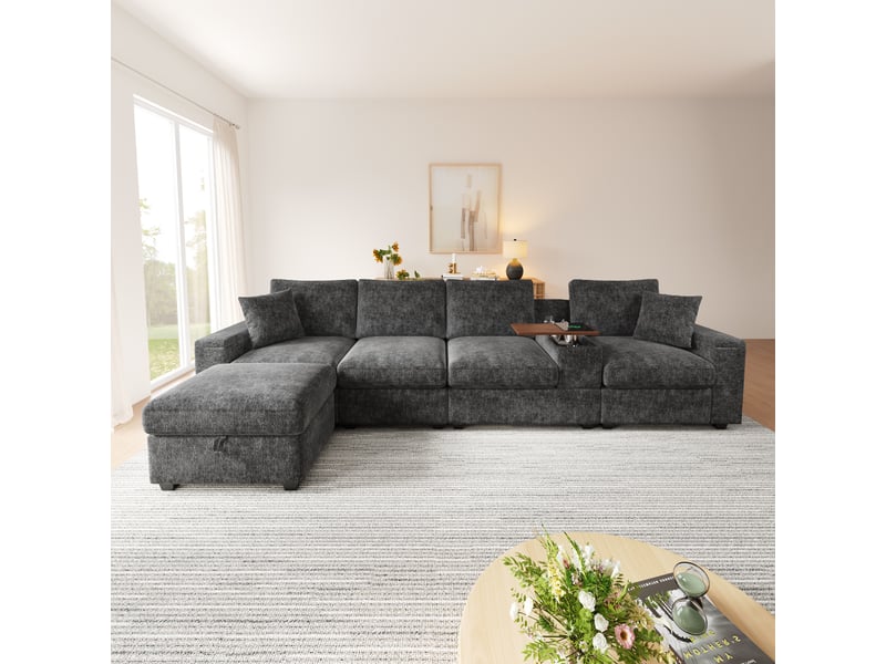 Canapé modulable en l 5 places gris avec pouf et table pivotante  - Conforama C