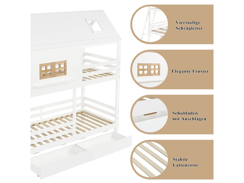  Lit superposé enfant avec toit et fenêtre, deux grands tiroirs, échelle stable, 90x200cm, blanc et naturel  - Conforama E
