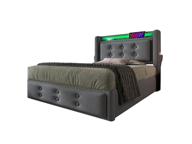  Lit coffre adulte 90x200 cm – gris – led, prises usb-c, matelas inclus et rangement hydraulique intégré  - Conforama A