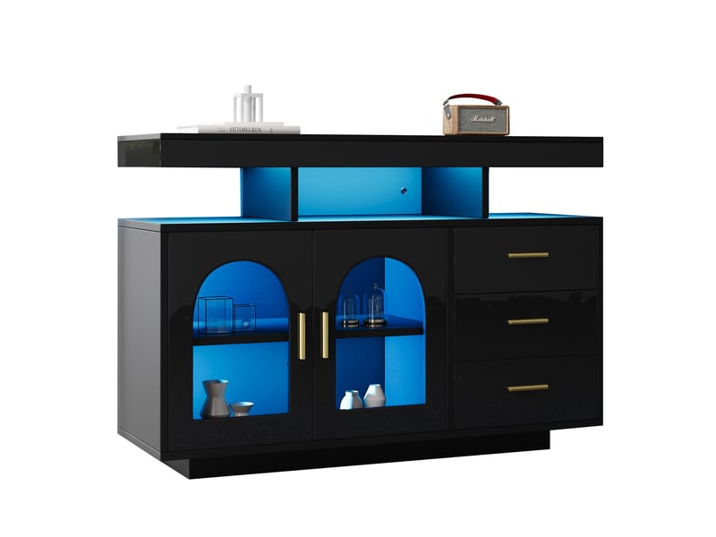  Buffet bas noir brillant avec éclairage led rgb, 3 tiroirs et 2 portes - 120 x 40 x 80 cm  - Conforama A