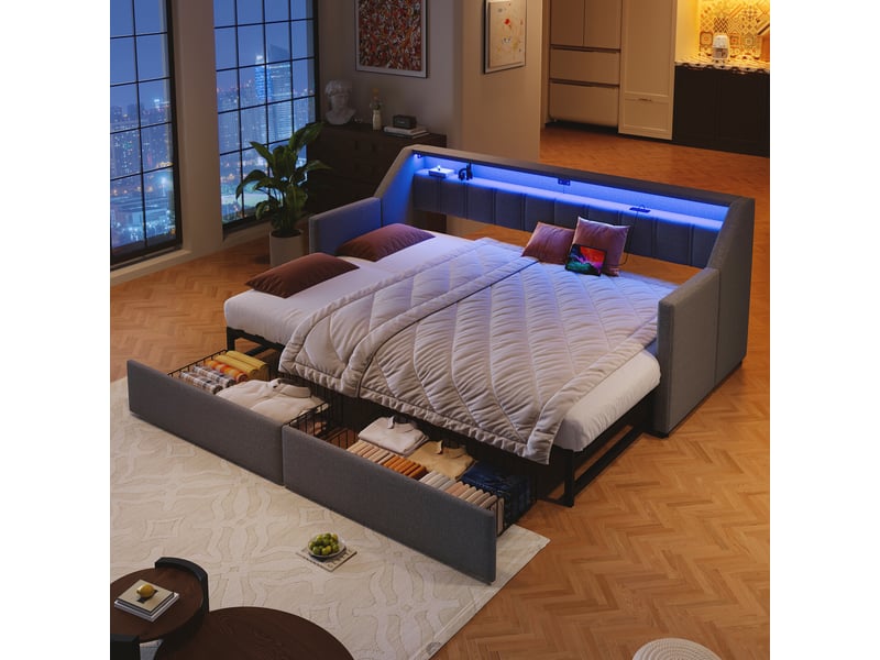  Lit gigogne 90x200 cm avec rangement, tiroirs + poches, ports usb+type-c, led, lin + mdf, gris, sans matelas  - Conforama R