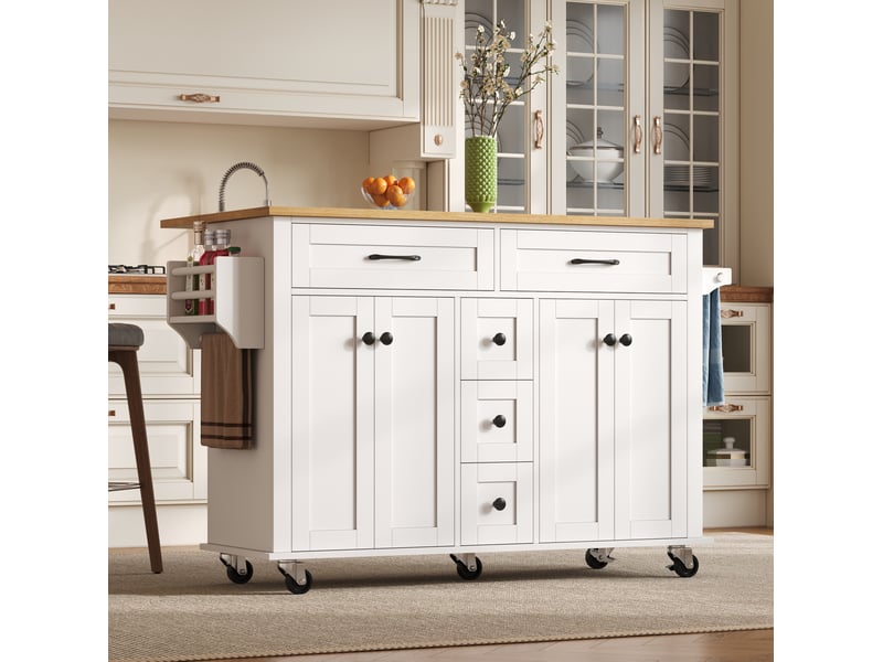  Îlot de cuisine multifonctionnel avec plateau de travail extensible 120×65 cm, 5 tiroirs, placards, support épices et torchons, sur roulettes  - Conforama E