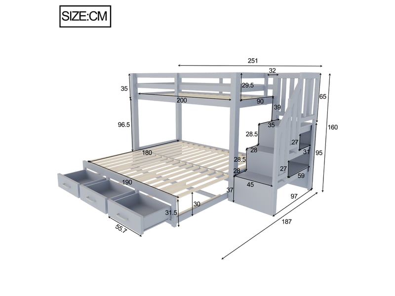  Lit superposé ulevr 90 x 200 cm avec lit inférieur extensible 180 x 190 cm, 3 tiroirs de rangement, échelle avec rangements, bois gris  - Conforama C