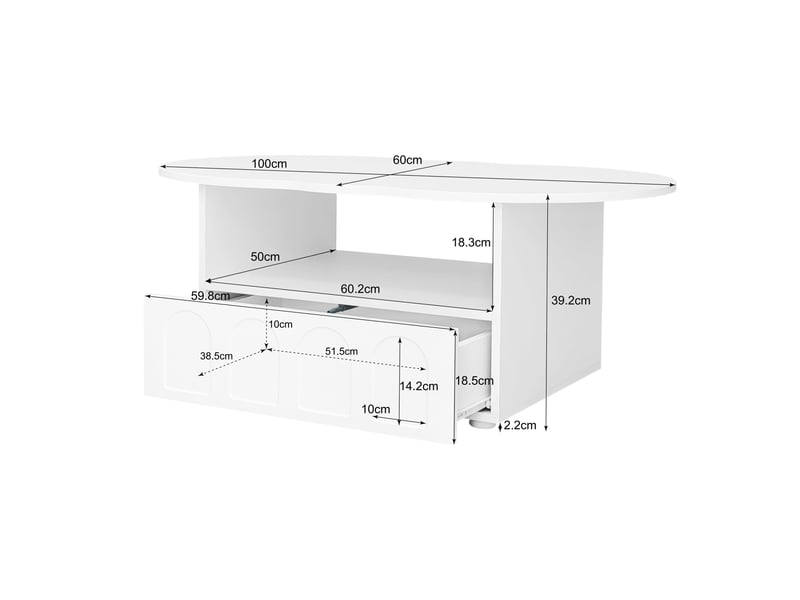  Table basse 100x60x39cm, table de salon avec tiroir de rangement, plateau en forme de nuage, panneau de particules, blanc  - Conforama D