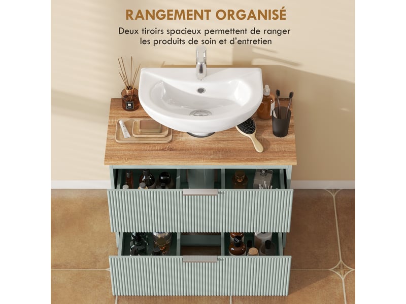  Meuble sous lavabo, meuble de salle de bain avec 2 tiroirs, style moderne, 80 x 40 x 60 cm, vert et bois naturel  - Conforama R