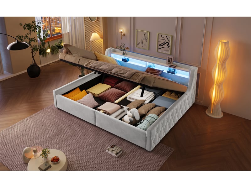  Lit coffre 140 × 200 cm, rangement hydraulique, tête avec led multicolore, sommier à lattes, velours blanc  - Conforama B