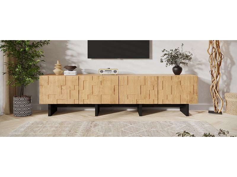  Meuble tv 180 x 38 x 45 cm compatible les téléviseurs jusqu’à 75 pouces grand espace de rangement quatre portes de rangement à motif quadrillé finition couleur bois naturel  - Conforama B