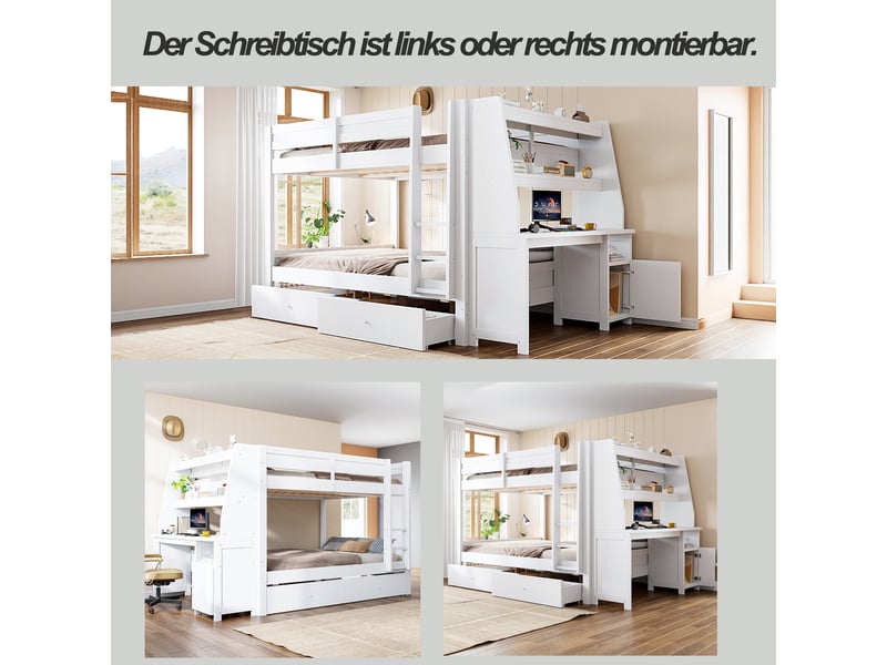  Lit superposé 2 places 140x200 cm - avec bureau, armoire, étagères et 2 tiroirs - bois blanc  - Conforama D