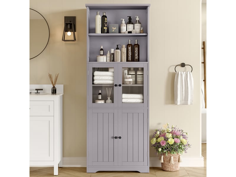  Meuble colonne de salle de bain 57,4x28,5x160 cm en mdf gris avec rangements  - Conforama C