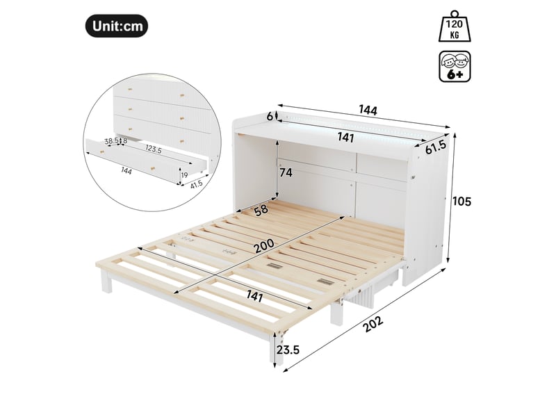  Lit escamotable blanc 140x200 cm, tiroirs, led, usb, prise et panneau brillant  - Conforama C