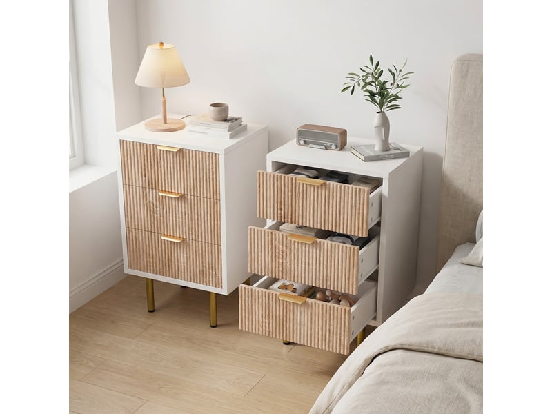 Lot de 2 table de chevet, 3 tiroirs, table d’appoint 40cm, design strié bois et blanc, pieds dorés, meuble de rangement, pour chambre, salon, entrée, style scandinave, chêne clair - Conforama B