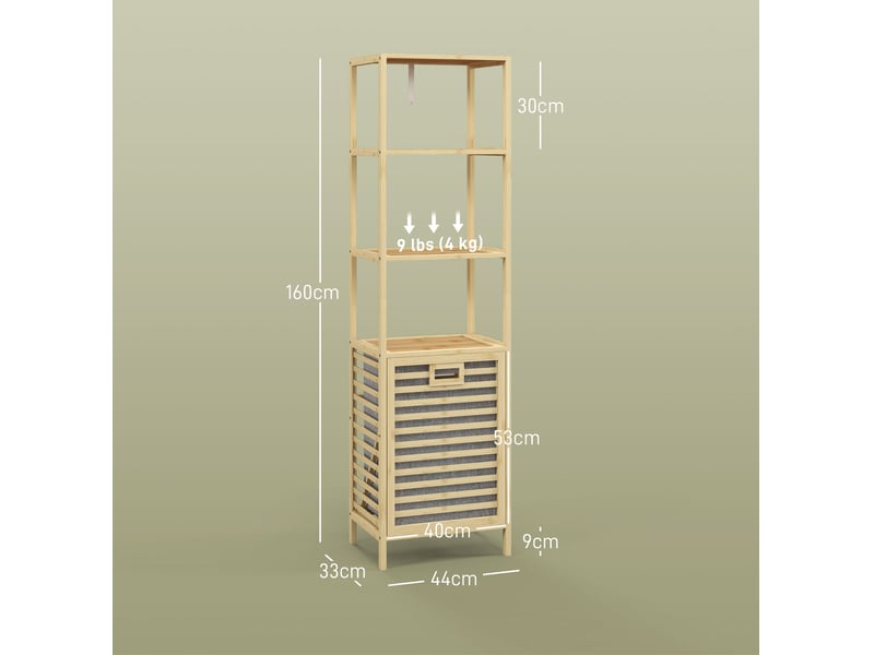  Étagère de salle de bain 44x33x160 cm – bambou naturel – 3 étagères avec panier à linge basculant  - Conforama C