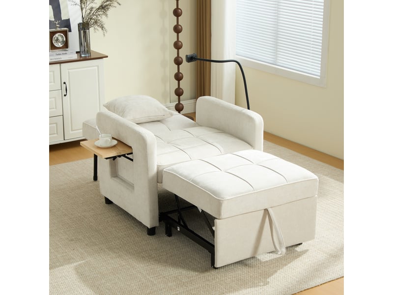  Fauteuil-lit convertible 2-en-1 en chenille beige, dossier réglable 5 positions, tablette et rangements, 167 cm IKSETERA TRADING LTD - Conforama E