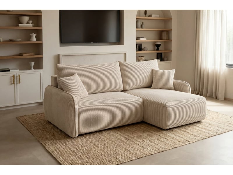  Sacha - canapé d'angle convertible petit velours côtelé 3 places beige  - Conforama E