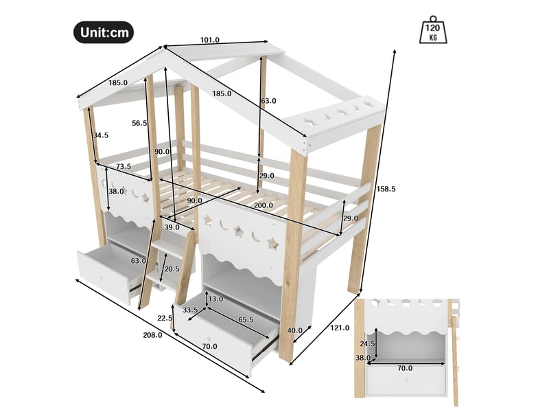  Lit enfant surélevé 90x200 cm en forme de maison, 2 tiroirs, led, blanc et naturel  - Conforama E