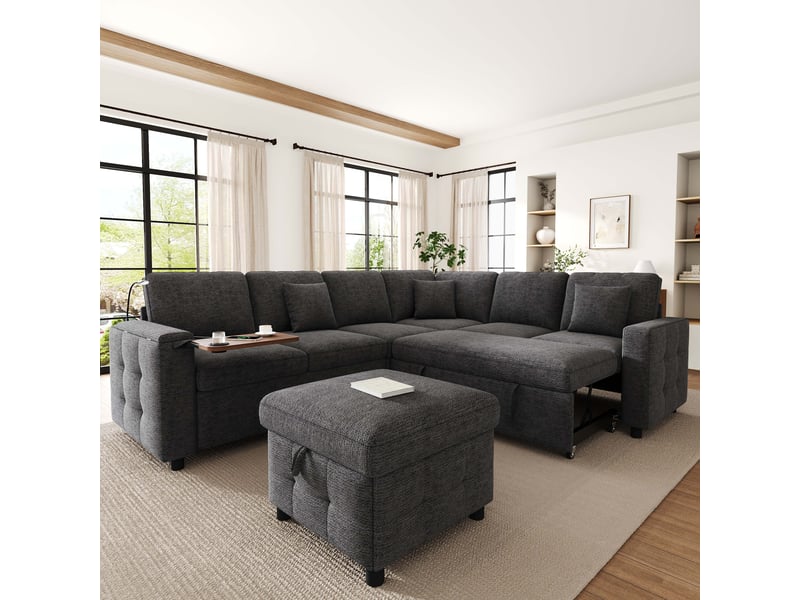  Canapé d'angle convertible 6 places 261 × 203 cm avec led, usb-ausb-c et rangement, gris IKSETERA TRADING LTD - Conforama D