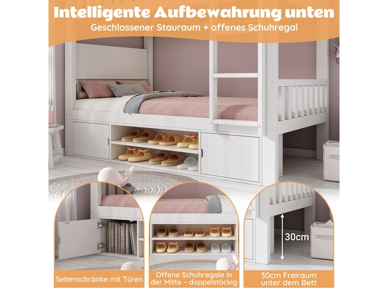 Lit superposé 90 x 200 cm avec plateau de table rabattable, blanc, lit double enfant avec étagère à chaussures intégrée - Conforama R