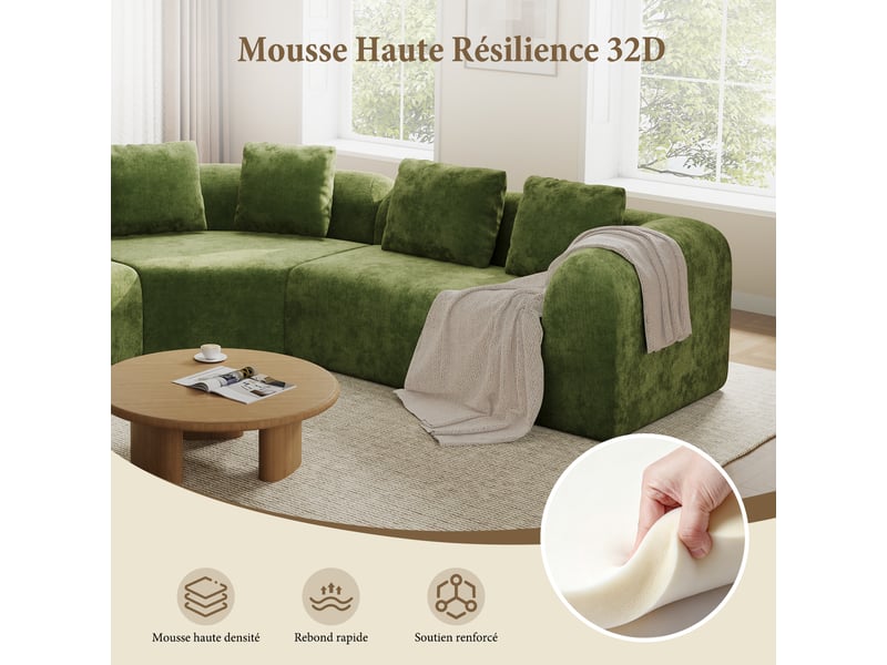  Canapé d'angle incurvé 3 places en tissu chenille premium,canapé compressé sans montage,mousse haute résilience,vert 326x97x66CM - Conforama C