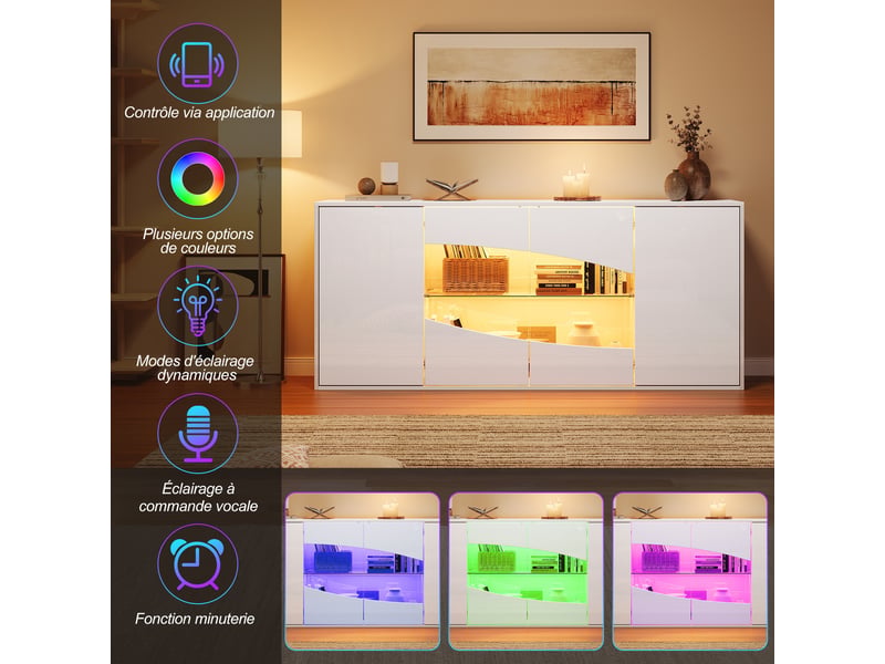  Buffet 160 cm 4 portes blanc brillant avec led et vitrine  - Conforama B