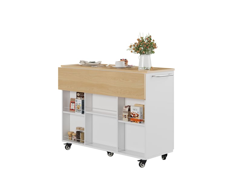  Desserte de cuisine 120x43,5x92,9 cm, plateau rabattable et structure en mdf, meuble de cuisine, blanc et chêne clair  - Conforama A
