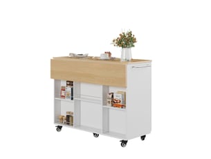 Desserte de cuisine 120x43,5x92,9 cm, plateau rabattable et structure en mdf, meuble de cuisine, blanc et chêne clair