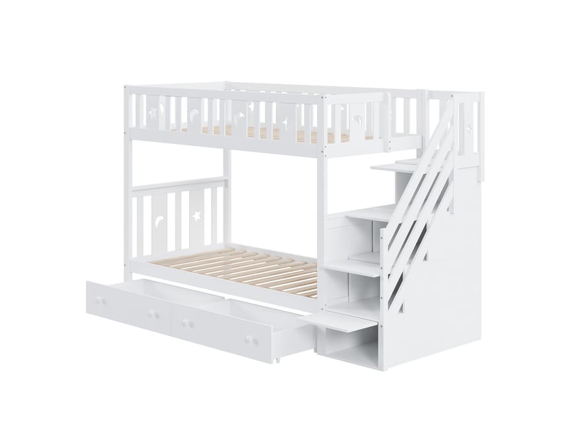 Lit superposé enfant 90 x 200 + 90 x 200 cm escalier de sécurité escalier de rangement 2 grands tiroirs bois massif blanc - Conforama E