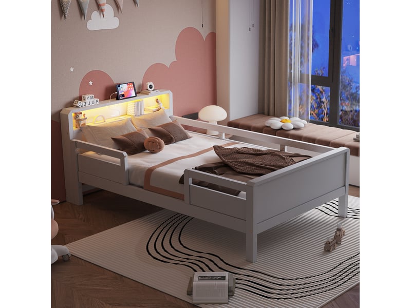  Lit enfant 90 × 200 cm avec tête de lit rangement, led, prises usb et usb-c, barrières latérales, bois blanc pour chambre  - Conforama D