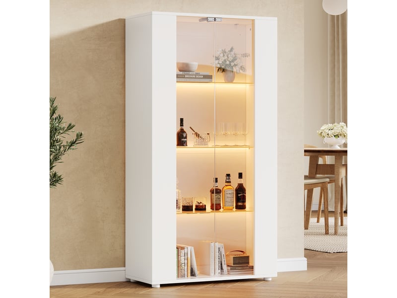 Vitrine blanche moderne 2 portes en verre avec éclairage led réglable, 4 étagères, 80x36x150 cm - Conforama W