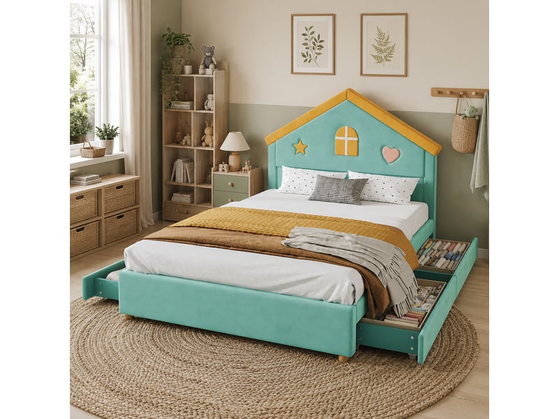  Lit enfant 140 x 200 cm, tête de lit cabane rembourrée, 4 tiroirs de rangement, revêtement velours, bleu-vert evarich - Conforama E
