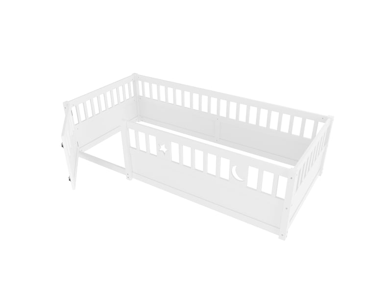  Lit enfant à barrières 90x190 cm en pin blanc avec décor étoiles et lune  - Conforama E