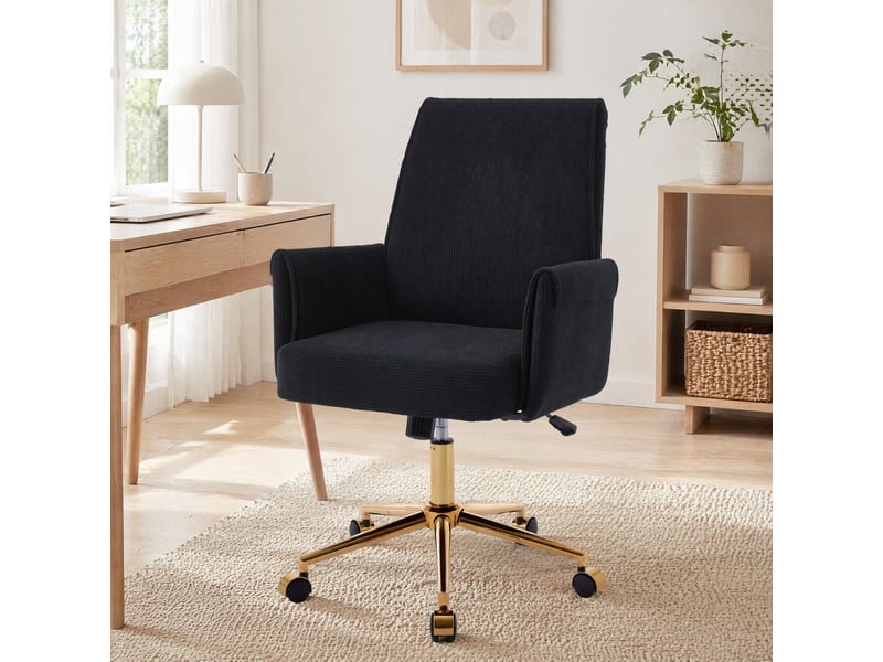  Chaise de bureau pivotante ergonomique avec soutien lombaire - lpospi - base dorée, velours côtelé noir  - Conforama C