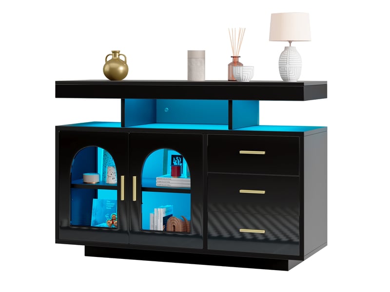 Buffet de cuisine led avec 2 portes, 3 tiroirs et 4 niches, finition noire brillante pour salle à manger, 120 × 40 × 80 cm - Conforama A