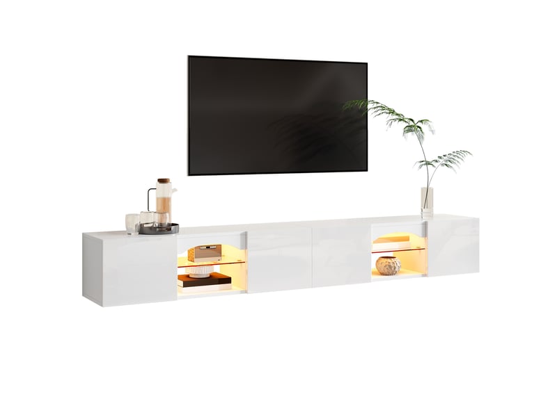  Meuble tv bas 4 portes avec led pilotée par application 200x30x28 cm blanc brillant  - Conforama A