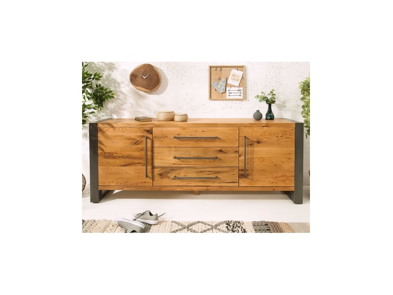 Buffet cavara 200 cm en chêne massif et métal noir – 2 portes, 3 tiroirs et grands rangements - Conforama D