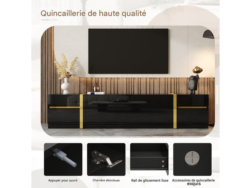  Meuble tv avec portes et tiroirs mdf et panneau de particules noir et doré 180x40x38 cm - pangivo  - Conforama D