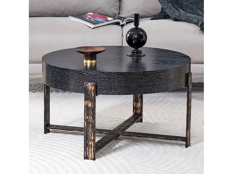  Table d'appoint ronde 68x68x39 cm, ép. 9,6 cm, design minimaliste, piètement croisé en métal, mdf effet de bois, noir  - Conforama D
