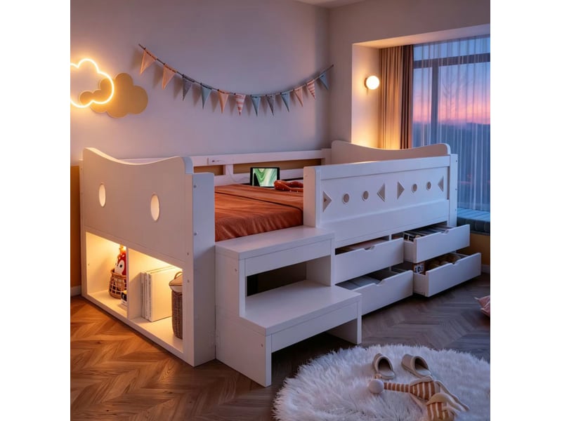  Lit enfant 90 × 200 cm avec 4 tiroirs, rangements, barrières de sécurité, led et prises usb type-c, blanc, chambre  - Conforama D