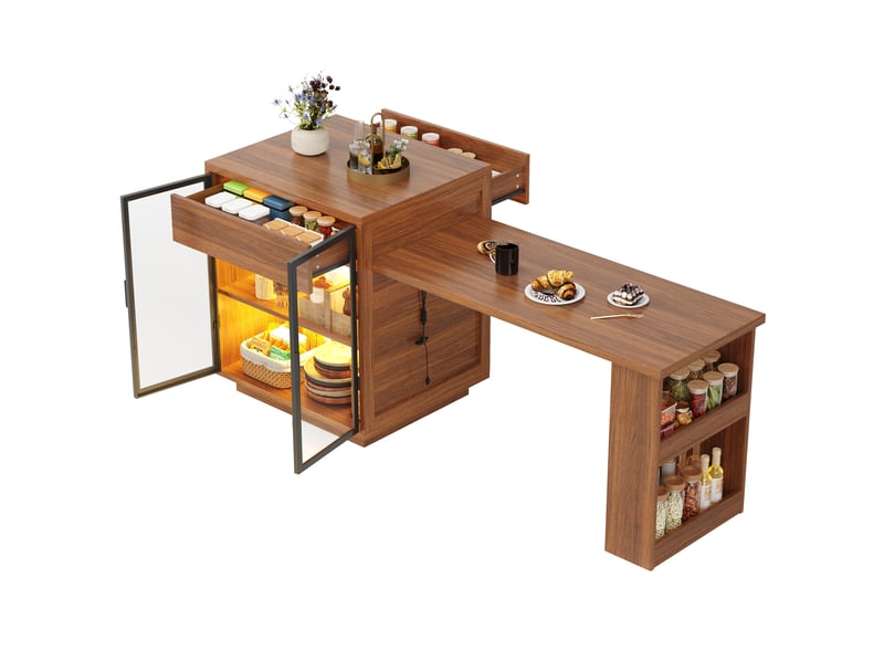  Îlot de cuisine extensible 122-194,5 x 70 x 94 cm, table à manger de cuisine, placard 2 portes, tiroir, étagère, led via application, port usb, brun foncé Bliss Lite - Conforama A