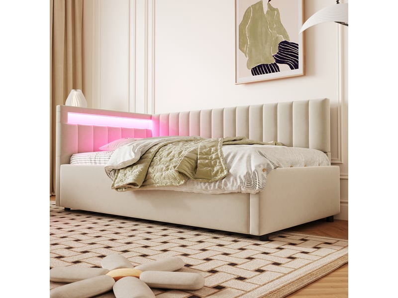  Lit banquette enfant coffre 90 x 200 cm avec led et rangement hydraulique, velours beige Fay Lum - Conforama E