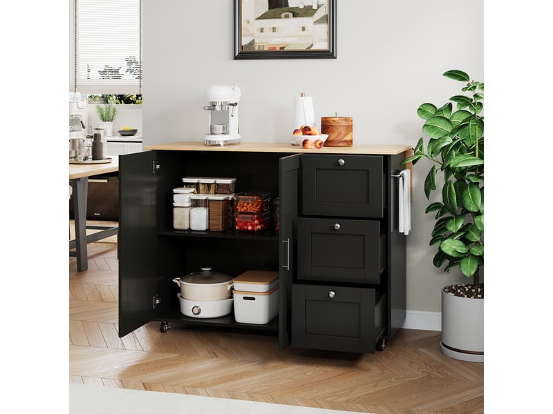  Desserte de cuisine mobile avec plateau rabattable et rangement - lpospi - mdf noir et naturel 135 × 70 × 90 cm  - Conforama B