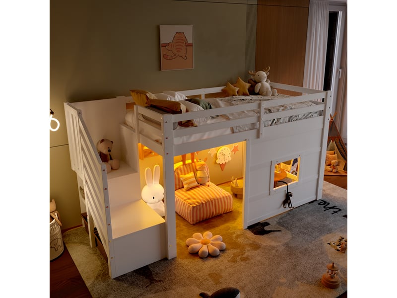 Lit mezzanine 90x200 cm blanc, avec escalier de rangement, fenêtre, led, garde-corps, sommier inclus, sans matelas - Conforama B