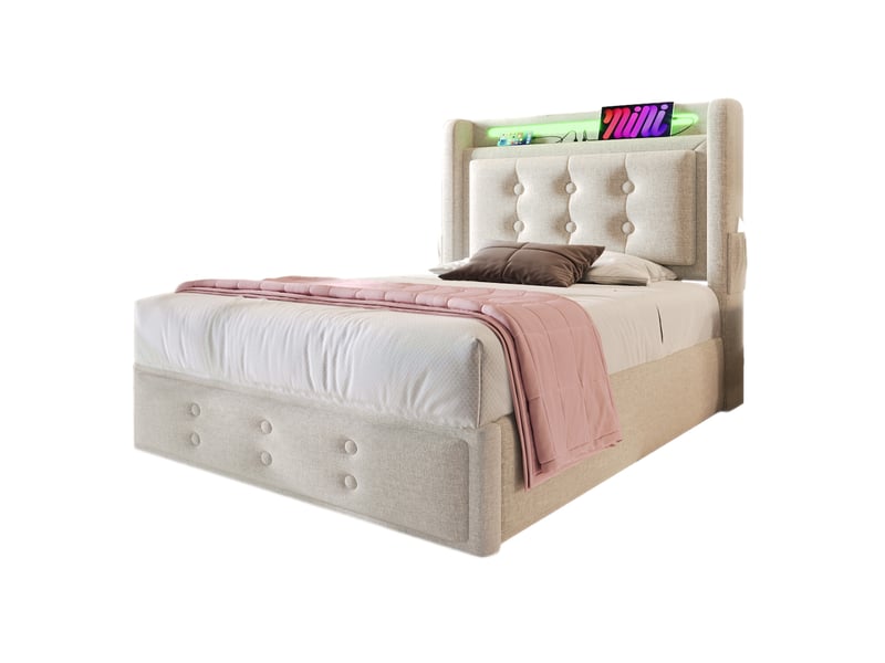  Modenvie lit coffre 90x200 cm - avec rangement intégré, led et ports usb-c, matelas inclus - beige  - Conforama A
