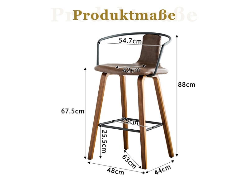  Tabourets de bar 42 cm lot de 2, accoudoirs ergonomiques, chaise haute cuisine, pieds bois, repose-pieds métal, marron  - Conforama C